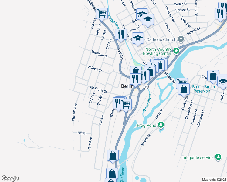 map of restaurants, bars, coffee shops, grocery stores, and more near 56 Mount Forist Street in Berlin