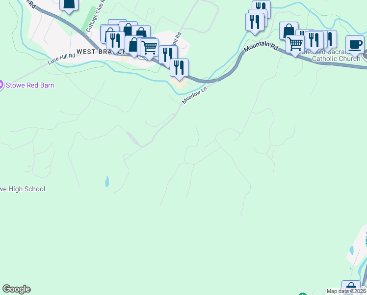 map of restaurants, bars, coffee shops, grocery stores, and more near 71 West Ridge Road in Stowe