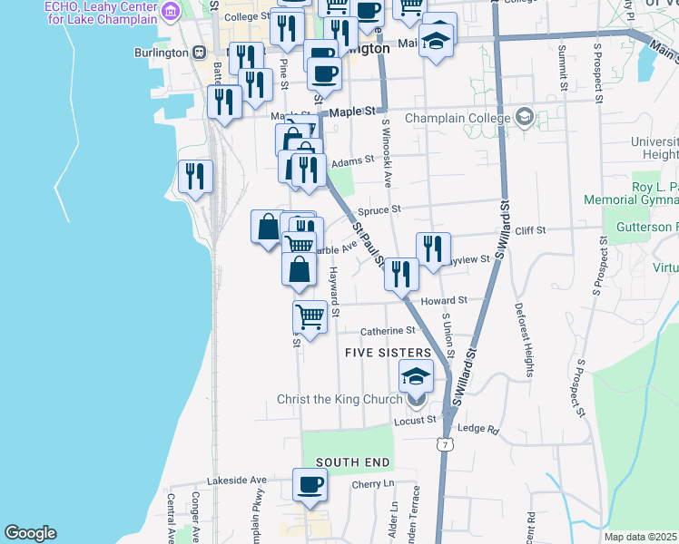 map of restaurants, bars, coffee shops, grocery stores, and more near 37 Marble Avenue in Burlington