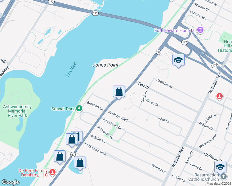 map of restaurants, bars, coffee shops, grocery stores, and more near 3200 Riverside Drive in Green Bay