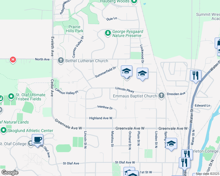 map of restaurants, bars, coffee shops, grocery stores, and more near 908 Lincoln Parkway in Northfield