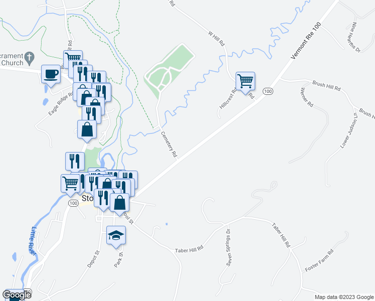 map of restaurants, bars, coffee shops, grocery stores, and more near 473 Maple Street in Stowe