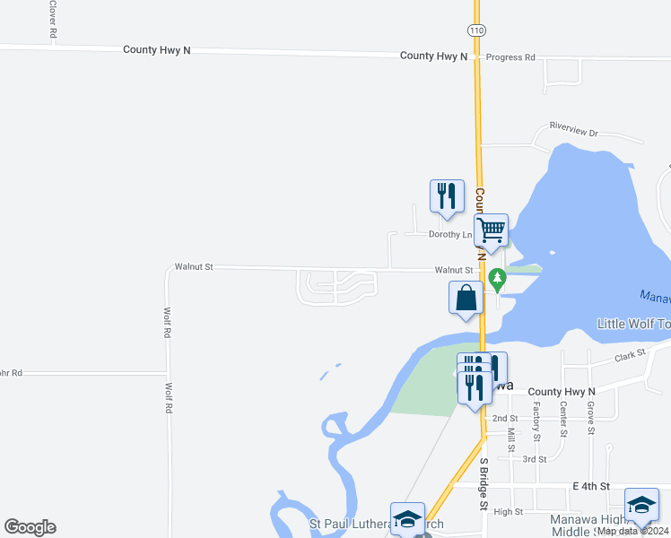 map of restaurants, bars, coffee shops, grocery stores, and more near Walnut Street in Manawa