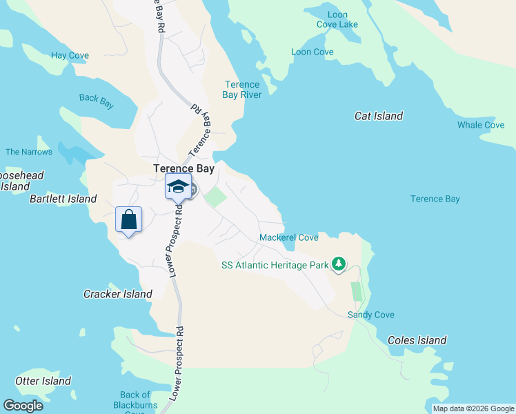 map of restaurants, bars, coffee shops, grocery stores, and more near 21 Back Lane in Terence Bay