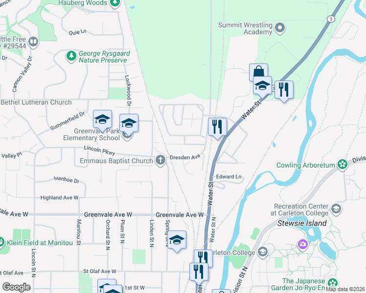 map of restaurants, bars, coffee shops, grocery stores, and more near 312 Viking Terrace in Northfield