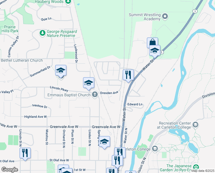 map of restaurants, bars, coffee shops, grocery stores, and more near 312 Viking Terrace in Northfield