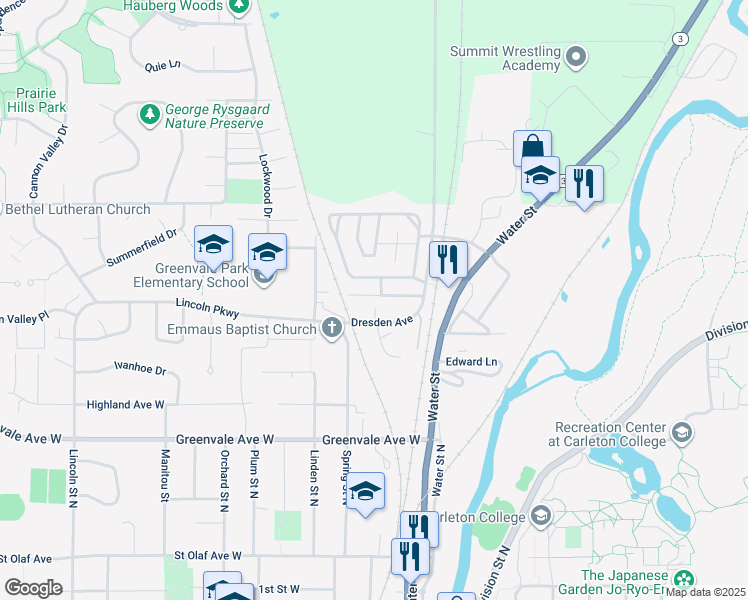 map of restaurants, bars, coffee shops, grocery stores, and more near 312 Viking Terrace in Northfield