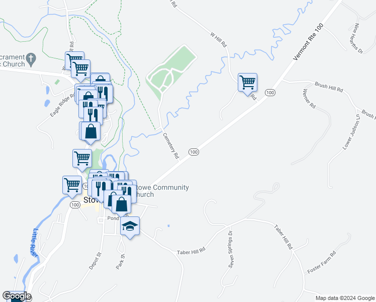 map of restaurants, bars, coffee shops, grocery stores, and more near 58 Cemetery Road in Stowe