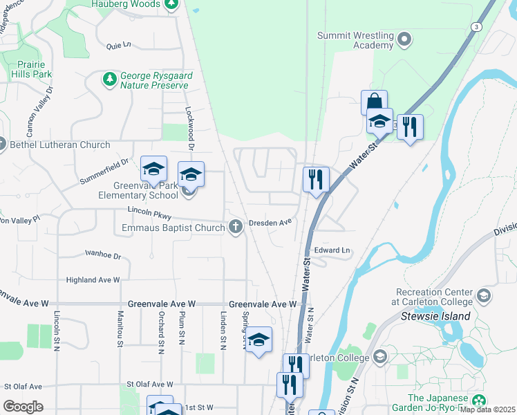 map of restaurants, bars, coffee shops, grocery stores, and more near 312 Viking Terrace in Northfield