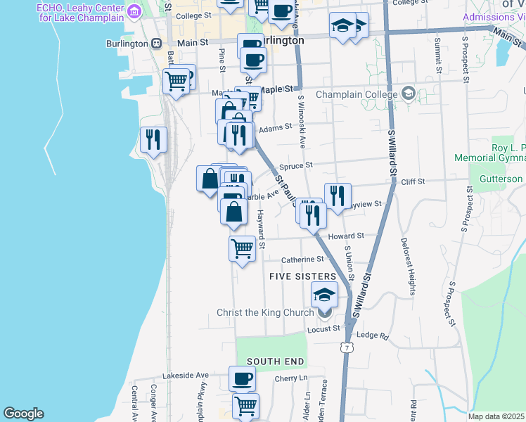 map of restaurants, bars, coffee shops, grocery stores, and more near 20 Hayward Street in Burlington
