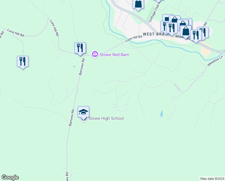map of restaurants, bars, coffee shops, grocery stores, and more near wildlife rd in Stowe