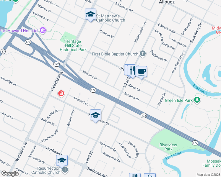 map of restaurants, bars, coffee shops, grocery stores, and more near 401 Simonet Street in Allouez