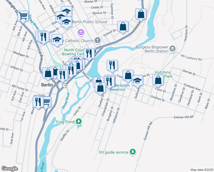 map of restaurants, bars, coffee shops, grocery stores, and more near 634 Hutchins Street in Berlin