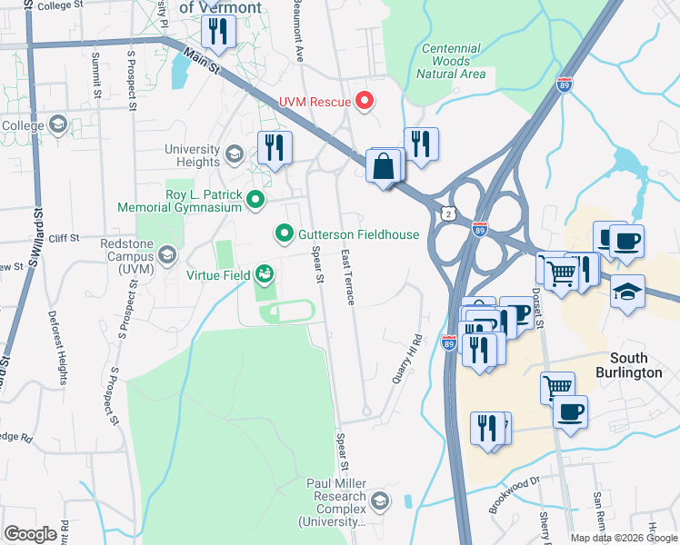 map of restaurants, bars, coffee shops, grocery stores, and more near 27 East Terrace in South Burlington