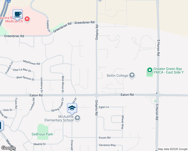 map of restaurants, bars, coffee shops, grocery stores, and more near 1742 Ontario Road in Green Bay