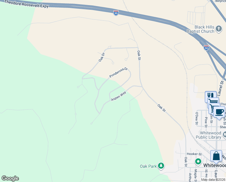 map of restaurants, bars, coffee shops, grocery stores, and more near 300 Ponderosa Drive in Whitewood