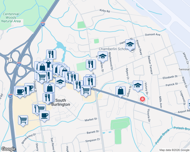 map of restaurants, bars, coffee shops, grocery stores, and more near 70 Patchen Road in South Burlington
