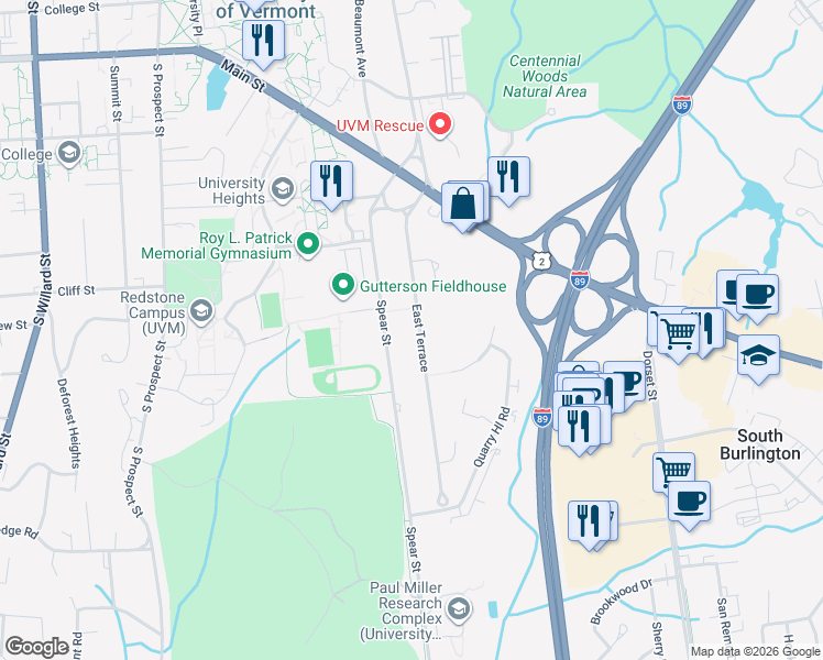 map of restaurants, bars, coffee shops, grocery stores, and more near 27 East Terrace in South Burlington