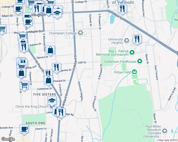 map of restaurants, bars, coffee shops, grocery stores, and more near 152 Deforest Road in Burlington