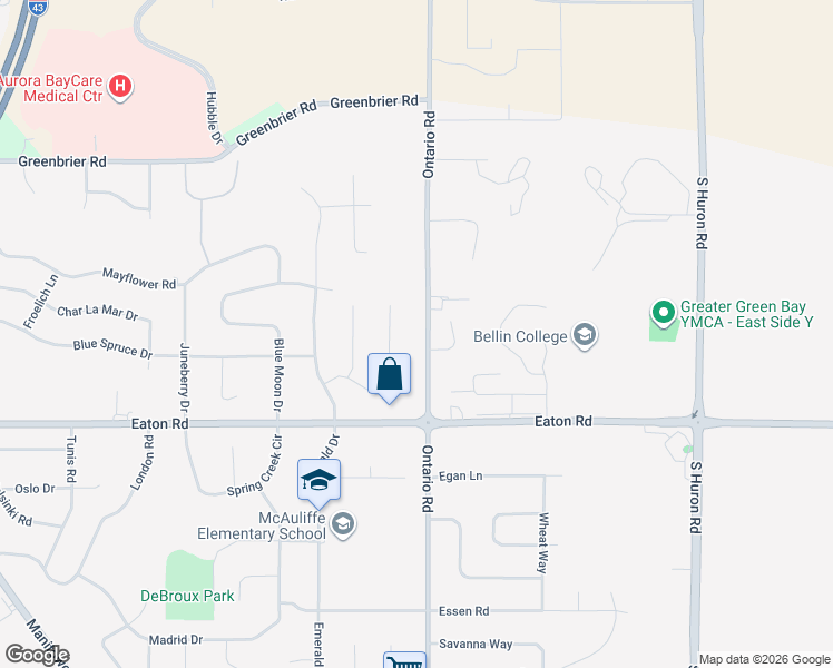 map of restaurants, bars, coffee shops, grocery stores, and more near 1742 Ontario Road in Green Bay