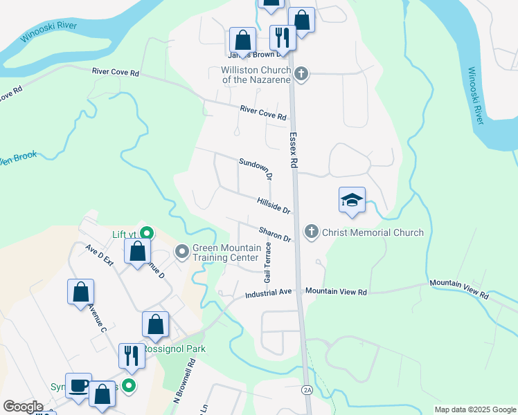 map of restaurants, bars, coffee shops, grocery stores, and more near 163 Hillside Drive in Williston
