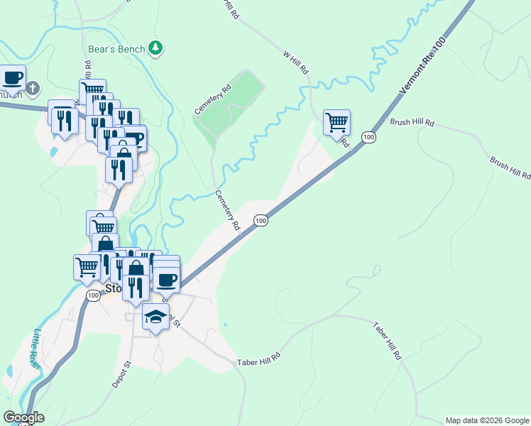 map of restaurants, bars, coffee shops, grocery stores, and more near 513 Maple Street in Stowe