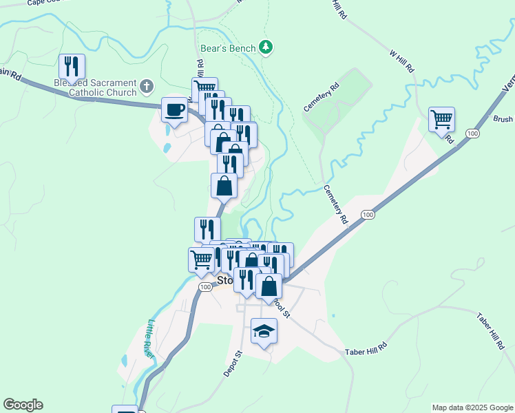 map of restaurants, bars, coffee shops, grocery stores, and more near 276 Mountain Road in Stowe