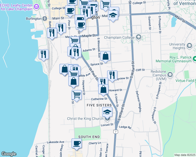 map of restaurants, bars, coffee shops, grocery stores, and more near 379 South Winooski Avenue in Burlington