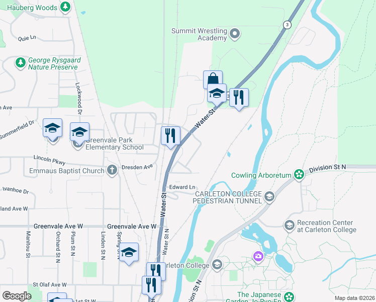 map of restaurants, bars, coffee shops, grocery stores, and more near 910 Water Street in Northfield