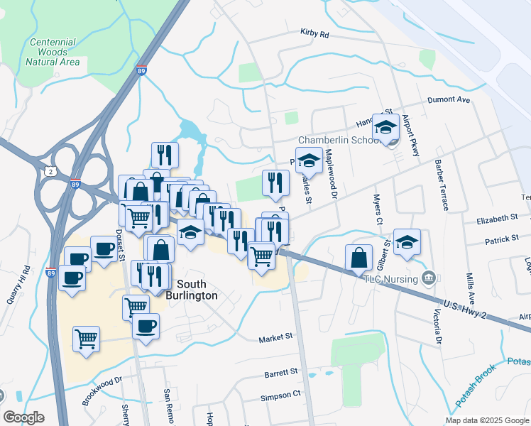 map of restaurants, bars, coffee shops, grocery stores, and more near Executive Drive in South Burlington