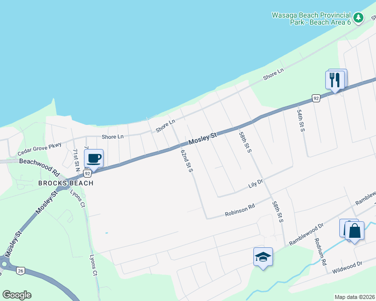 map of restaurants, bars, coffee shops, grocery stores, and more near 11 62nd Street South in Wasaga Beach