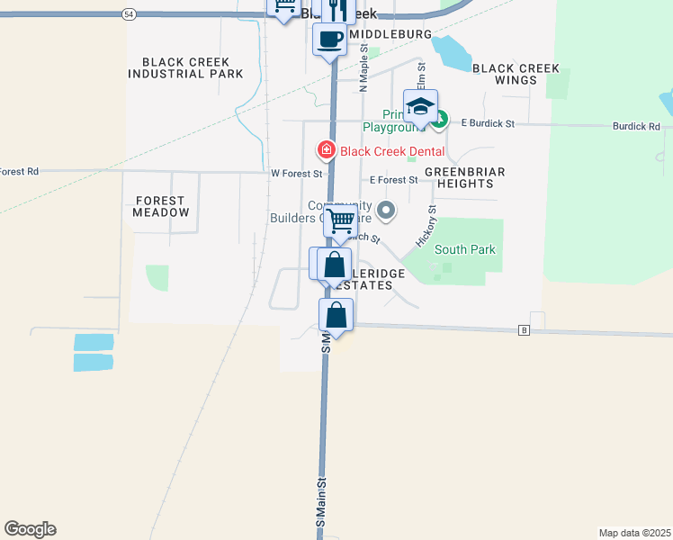 map of restaurants, bars, coffee shops, grocery stores, and more near 506 South Main Street in Black Creek