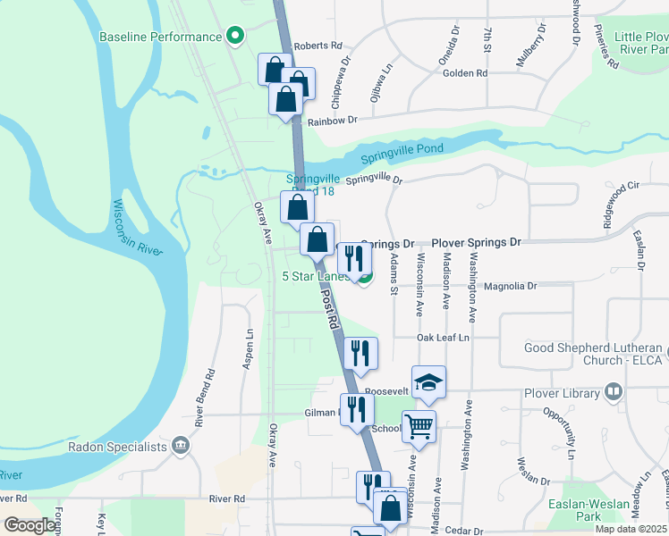 map of restaurants, bars, coffee shops, grocery stores, and more near 1900 Post Road in Plover