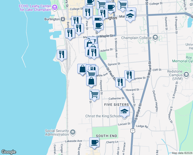 map of restaurants, bars, coffee shops, grocery stores, and more near 37 Marble Avenue in Burlington