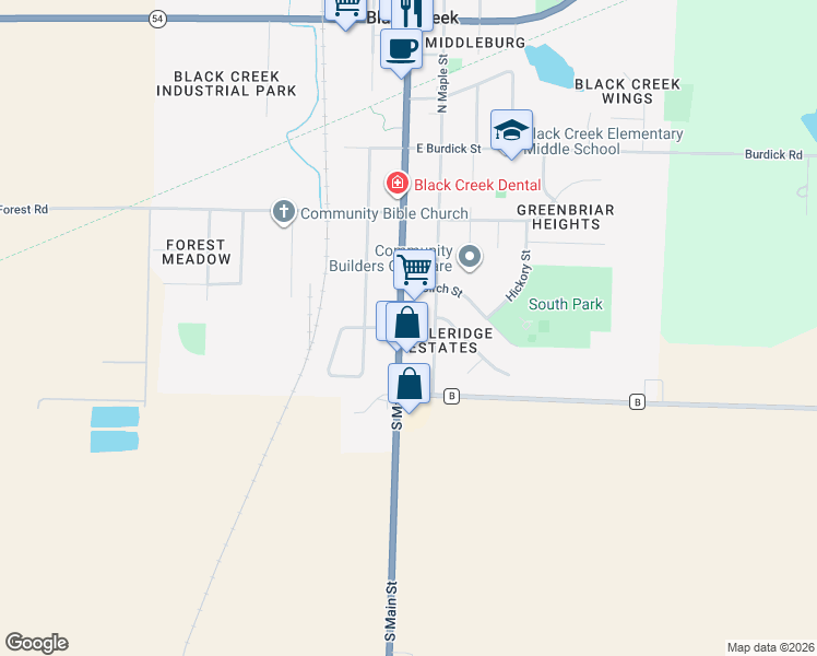 map of restaurants, bars, coffee shops, grocery stores, and more near 506 South Main Street in Black Creek