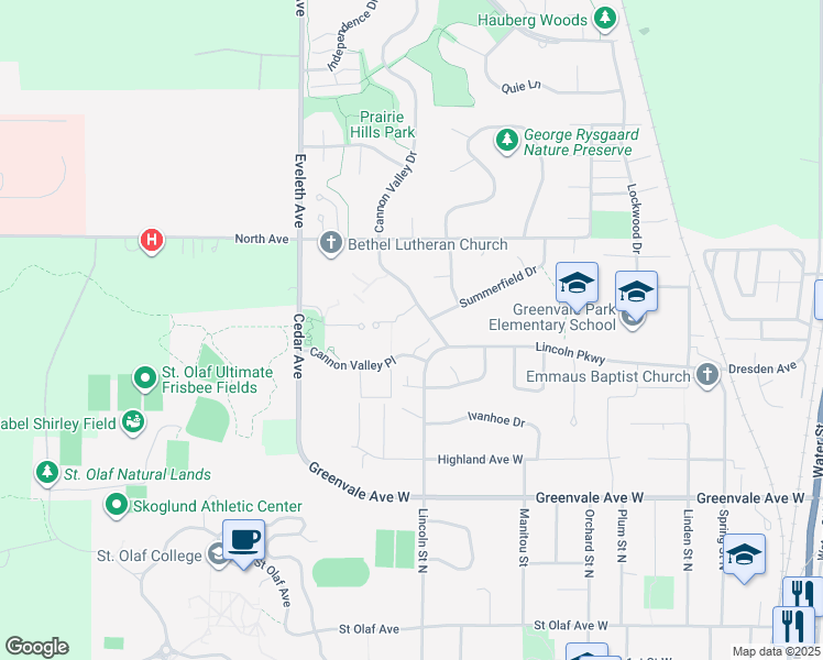 map of restaurants, bars, coffee shops, grocery stores, and more near 900 Cannon Valley Drive in Northfield