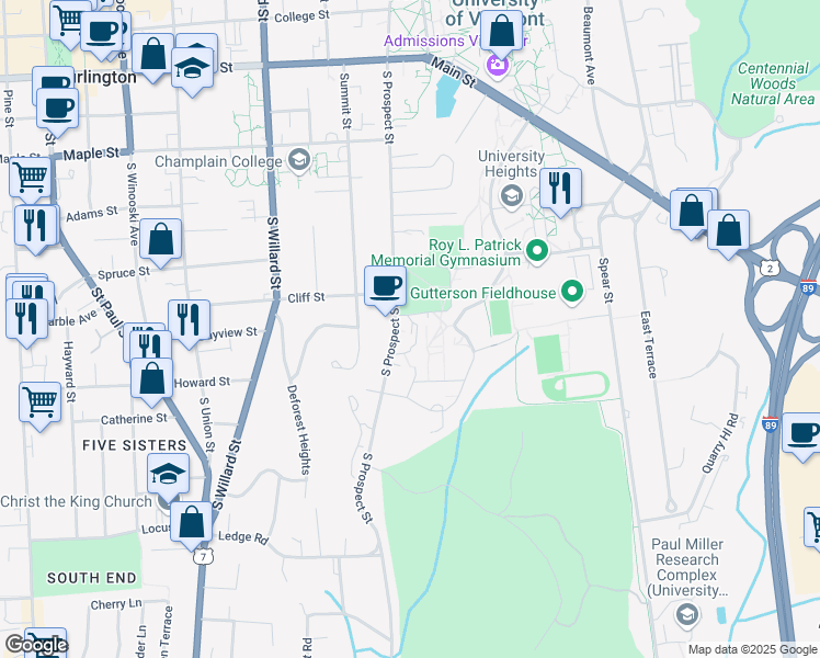 map of restaurants, bars, coffee shops, grocery stores, and more near 420 South Prospect Street in Burlington