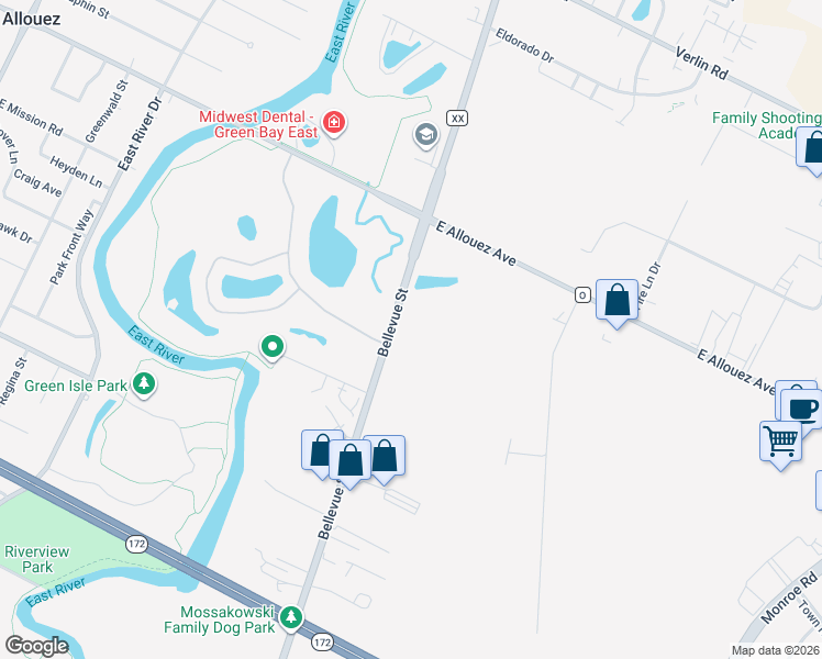 map of restaurants, bars, coffee shops, grocery stores, and more near 1785 Bellevue Street in Green Bay
