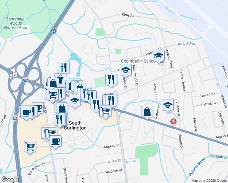 map of restaurants, bars, coffee shops, grocery stores, and more near Patchen Road in South Burlington