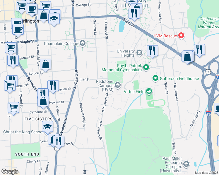 map of restaurants, bars, coffee shops, grocery stores, and more near 420 South Prospect Street in Burlington