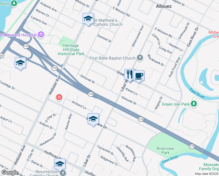 map of restaurants, bars, coffee shops, grocery stores, and more near 401 Simonet Street in Allouez