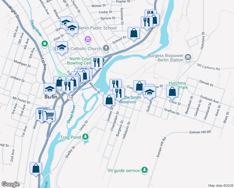 map of restaurants, bars, coffee shops, grocery stores, and more near 634 Hutchins Street in Berlin