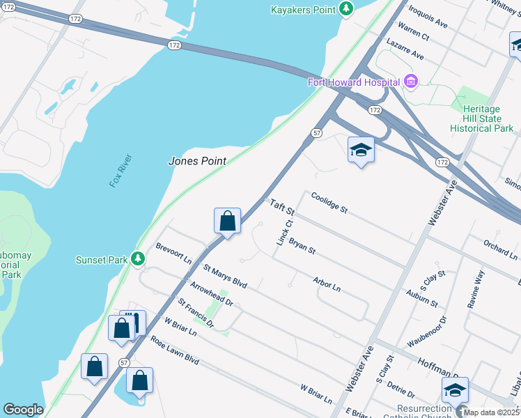 map of restaurants, bars, coffee shops, grocery stores, and more near 3107 Riverside Drive in Allouez