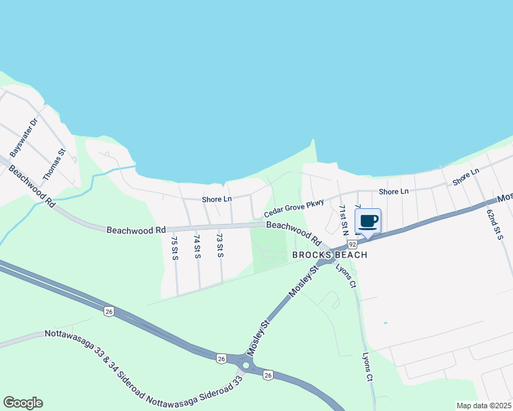 map of restaurants, bars, coffee shops, grocery stores, and more near 15 Simcoe Street in Wasaga Beach