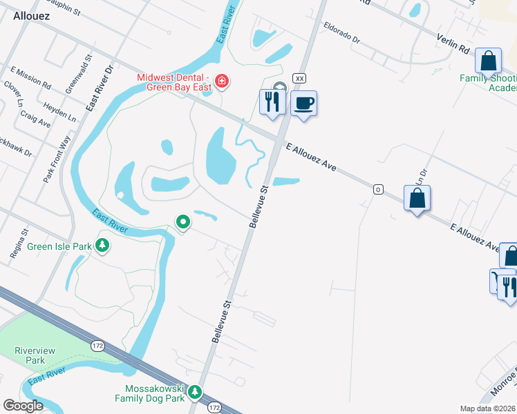 map of restaurants, bars, coffee shops, grocery stores, and more near 1785 Bellevue Street in Green Bay