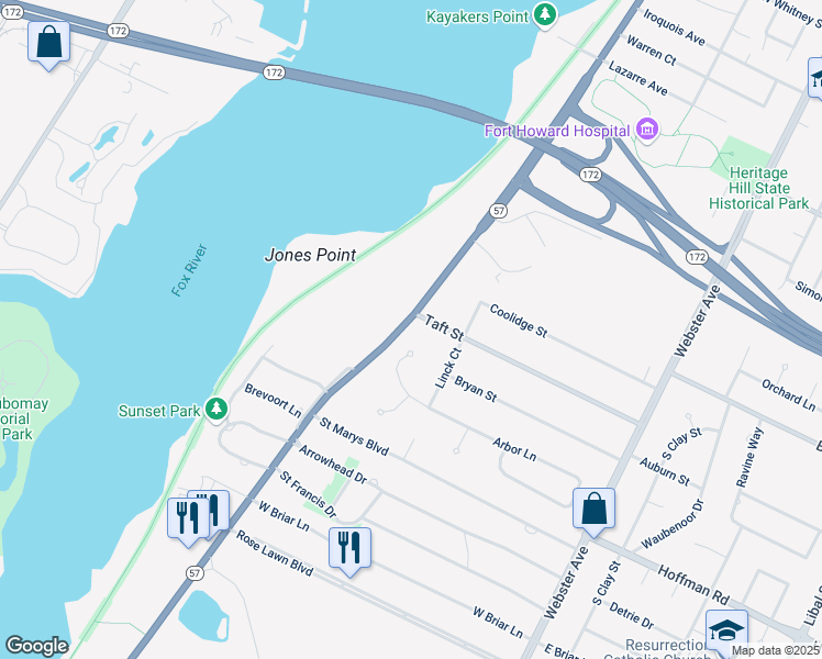 map of restaurants, bars, coffee shops, grocery stores, and more near 3107 Riverside Drive in Allouez
