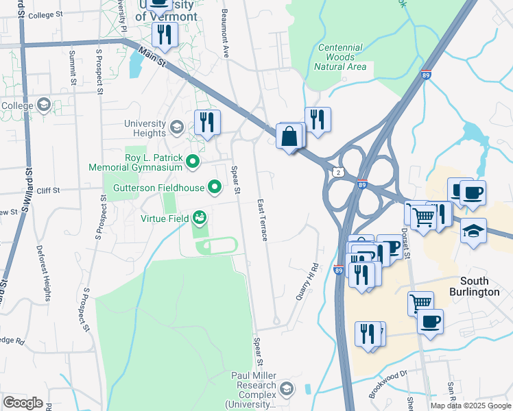 map of restaurants, bars, coffee shops, grocery stores, and more near 27 East Terrace in South Burlington