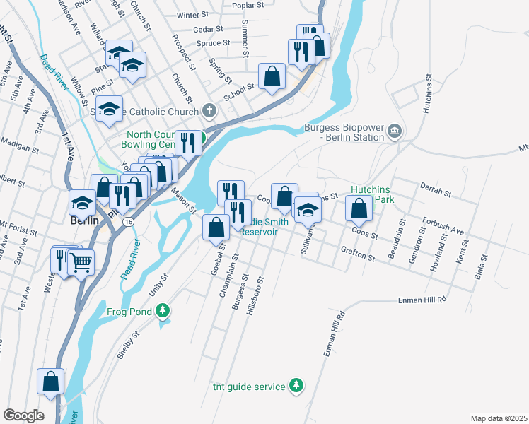 map of restaurants, bars, coffee shops, grocery stores, and more near 615 Burgess Street in Berlin