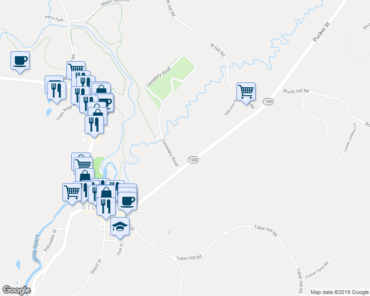 map of restaurants, bars, coffee shops, grocery stores, and more near 58 Cemetery Road in Stowe