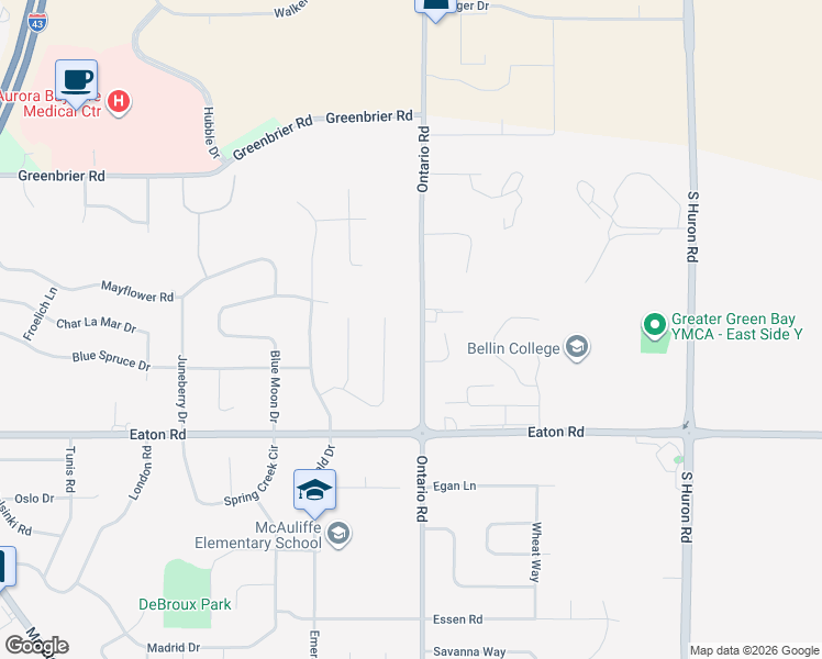 map of restaurants, bars, coffee shops, grocery stores, and more near 1742 Ontario Road in Green Bay